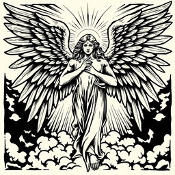 A striking woodcut style design illustrating a biblically accurate angel, featuring multiple wings, radiant light surrounding its form, and a majestic posture
