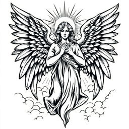 A striking woodcut style design illustrating a biblically accurate angel, featuring multiple wings, radiant light surrounding its form, and a majestic posture