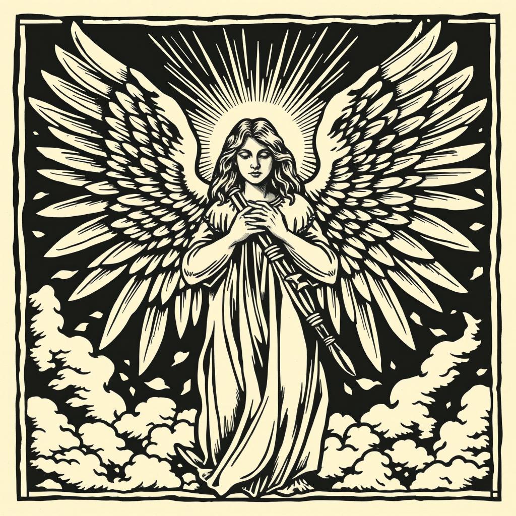 A striking woodcut style design illustrating a biblically accurate angel, featuring multiple wings, radiant light surrounding its form, and a majestic posture