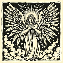 A striking woodcut style design illustrating a biblically accurate angel, featuring multiple wings, radiant light surrounding its form, and a majestic posture