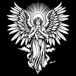 A striking woodcut style design illustrating a biblically accurate angel, featuring multiple wings, radiant light surrounding its form, and a majestic posture