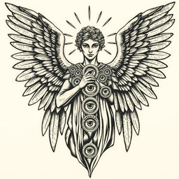 A detailed woodcut style illustration of a biblically accurate angel, featuring an array of eyes and rings across its form, portraying a celestial being with a unique and intricate design