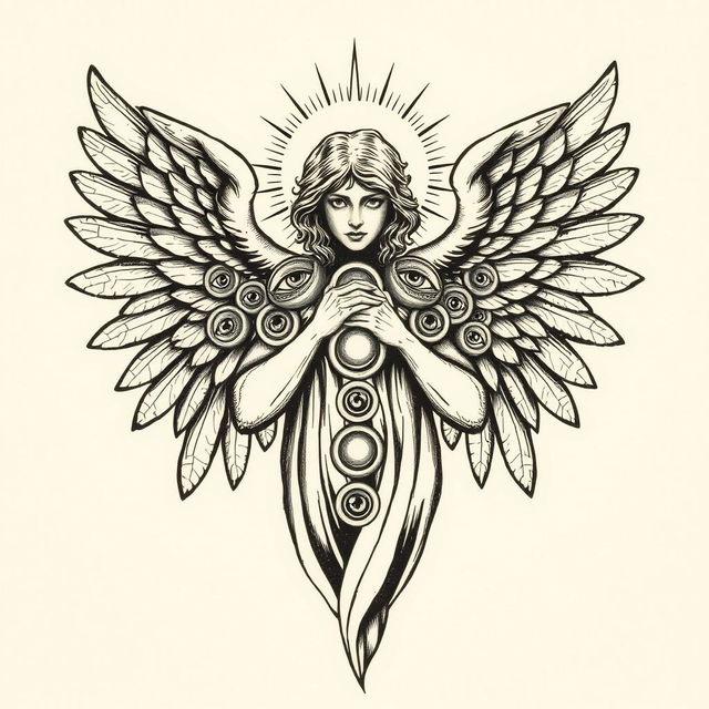 A detailed woodcut style illustration of a biblically accurate angel, featuring an array of eyes and rings across its form, portraying a celestial being with a unique and intricate design