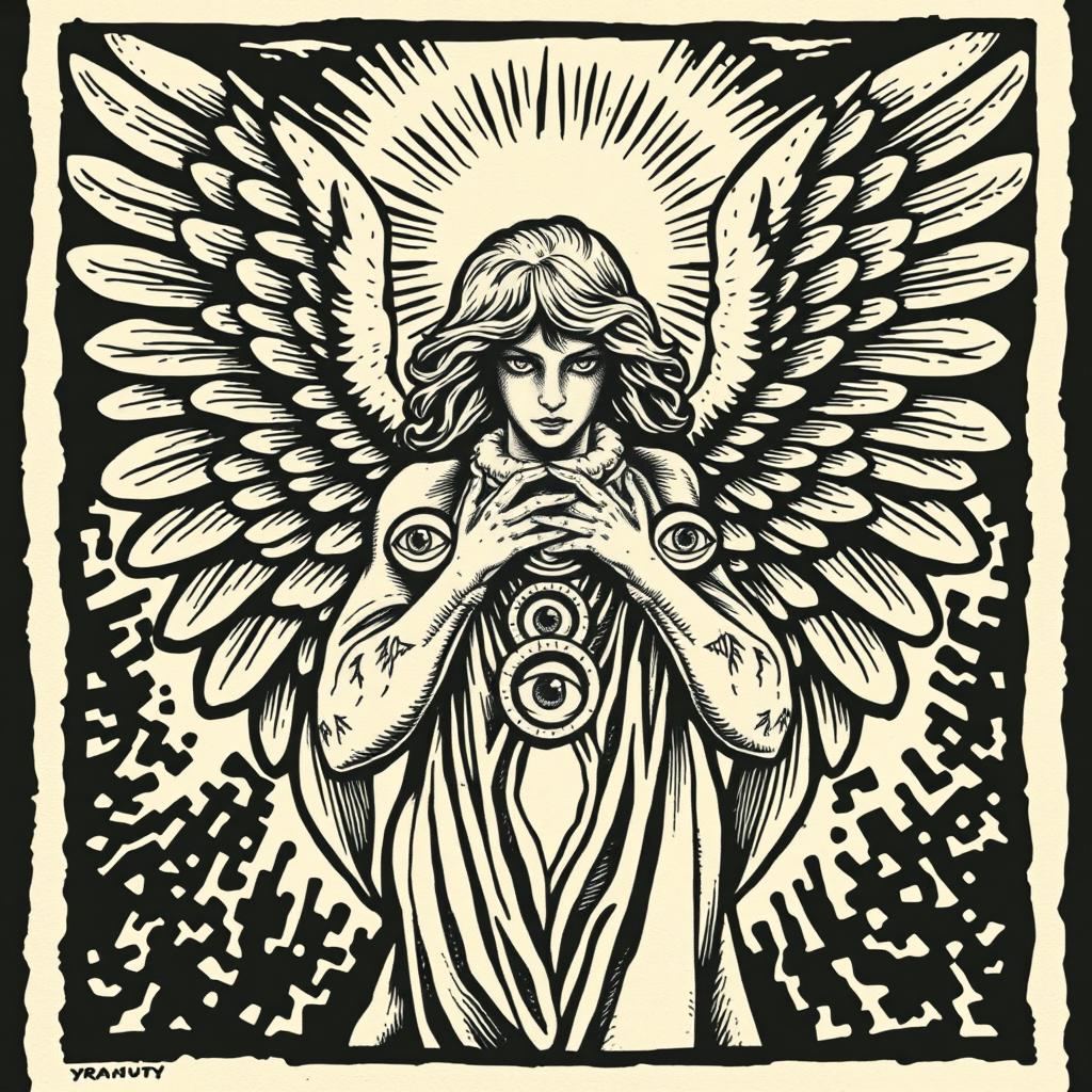 A detailed woodcut style illustration of a biblically accurate angel, featuring an array of eyes and rings across its form, portraying a celestial being with a unique and intricate design