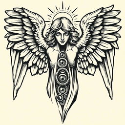A detailed woodcut style illustration of a biblically accurate angel, featuring an array of eyes and rings across its form, portraying a celestial being with a unique and intricate design