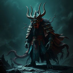 An imposing Chinese demon lord adorned with an intricately designed and strange mask that exudes an air of mystery and terror