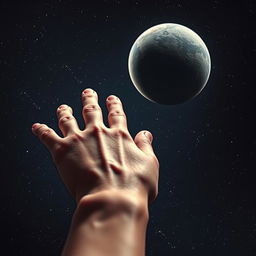 A close-up of a human hand reaching out towards the distant planet Pluto, set against a starry background filled with deep space