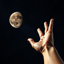 A close-up of a human hand reaching out towards the distant planet Pluto, set against a starry background filled with deep space