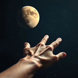 A close-up of a human hand reaching out towards the distant planet Pluto, set against a starry background filled with deep space