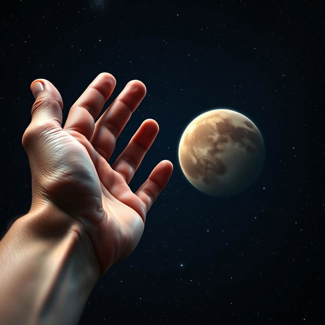 A close-up of a human hand reaching out towards the distant planet Pluto, set against a starry background filled with deep space