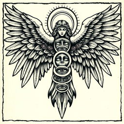An elaborate woodcut style tattoo flash design depicting a biblically accurate angel, showcasing numerous eyes across its body and wings, with multiple rings surrounding it, emphasizing its divine and celestial nature