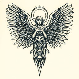 An elaborate woodcut style tattoo flash design depicting a biblically accurate angel, showcasing numerous eyes across its body and wings, with multiple rings surrounding it, emphasizing its divine and celestial nature