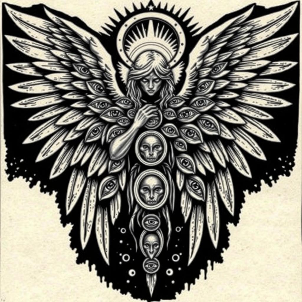 An elaborate woodcut style tattoo flash design depicting a biblically accurate angel, showcasing numerous eyes across its body and wings, with multiple rings surrounding it, emphasizing its divine and celestial nature