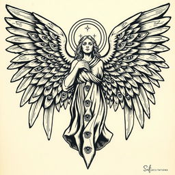 An elaborate woodcut style tattoo flash design depicting a biblically accurate angel, showcasing numerous eyes across its body and wings, with multiple rings surrounding it, emphasizing its divine and celestial nature