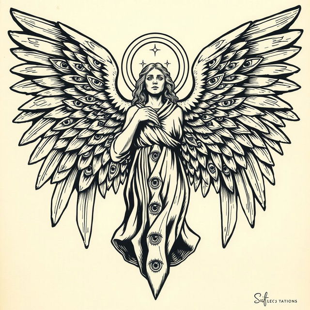 An elaborate woodcut style tattoo flash design depicting a biblically accurate angel, showcasing numerous eyes across its body and wings, with multiple rings surrounding it, emphasizing its divine and celestial nature