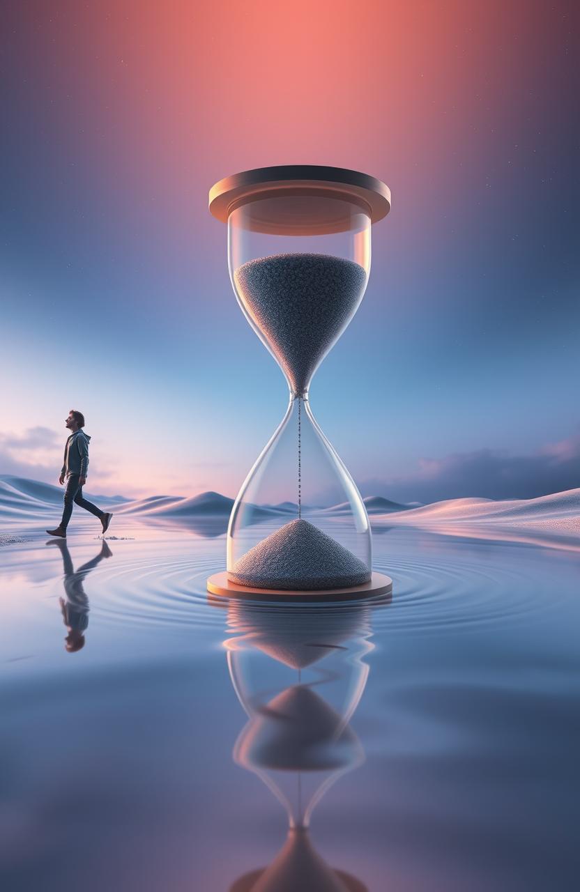 A surreal interpretation of the concept "Stepping With Time", featuring a dreamlike landscape with a giant hourglass set in the center, where grains of sand are flowing in slow motion