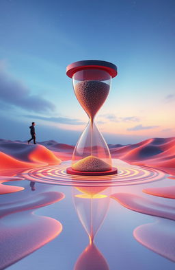 A surreal interpretation of the concept "Stepping With Time", featuring a dreamlike landscape with a giant hourglass set in the center, where grains of sand are flowing in slow motion