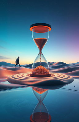 A surreal interpretation of the concept "Stepping With Time", featuring a dreamlike landscape with a giant hourglass set in the center, where grains of sand are flowing in slow motion