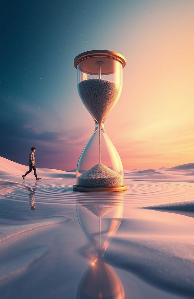 A surreal interpretation of the concept "Stepping With Time", featuring a dreamlike landscape with a giant hourglass set in the center, where grains of sand are flowing in slow motion