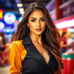 A stunning, attractive woman with long flowing hair, dressed in a stylish and fashionable outfit
