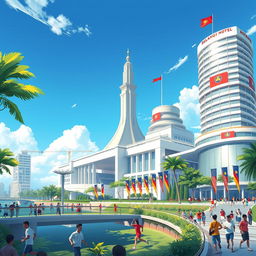 A vibrant and detailed illustration of a modern architectural landscape showcasing the iconic Monas monument in Jakarta, alongside the Semanggi Bridge and the Indonesia Hotel, prominently featuring Sukarno's architectural influence