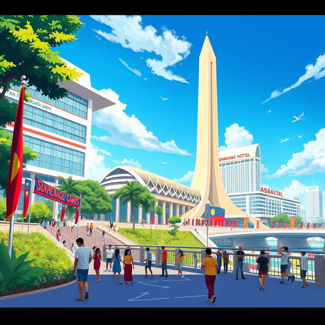 A vibrant and detailed illustration of a modern architectural landscape showcasing the iconic Monas monument in Jakarta, alongside the Semanggi Bridge and the Indonesia Hotel, prominently featuring Sukarno's architectural influence