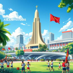 A vibrant and detailed illustration of a modern architectural landscape showcasing the iconic Monas monument in Jakarta, alongside the Semanggi Bridge and the Indonesia Hotel, prominently featuring Sukarno's architectural influence