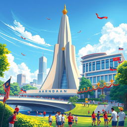A vibrant and detailed illustration of a modern architectural landscape showcasing the iconic Monas monument in Jakarta, alongside the Semanggi Bridge and the Indonesia Hotel, prominently featuring Sukarno's architectural influence