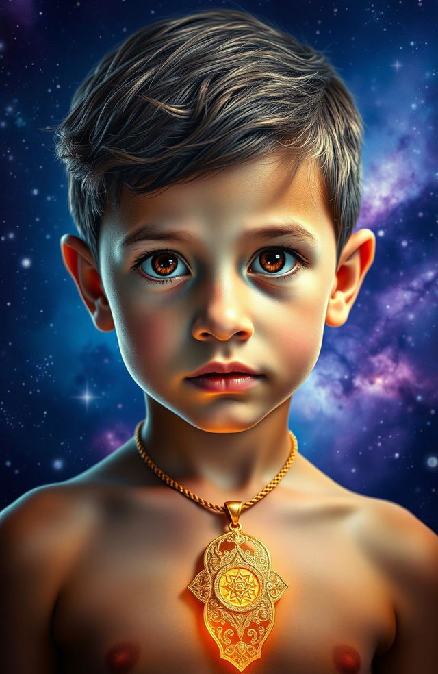 A portrait of a young boy with striking dark eyes, gazing thoughtfully at the viewer