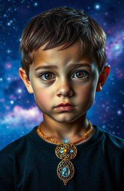 A portrait of a young boy with striking dark eyes, gazing thoughtfully at the viewer