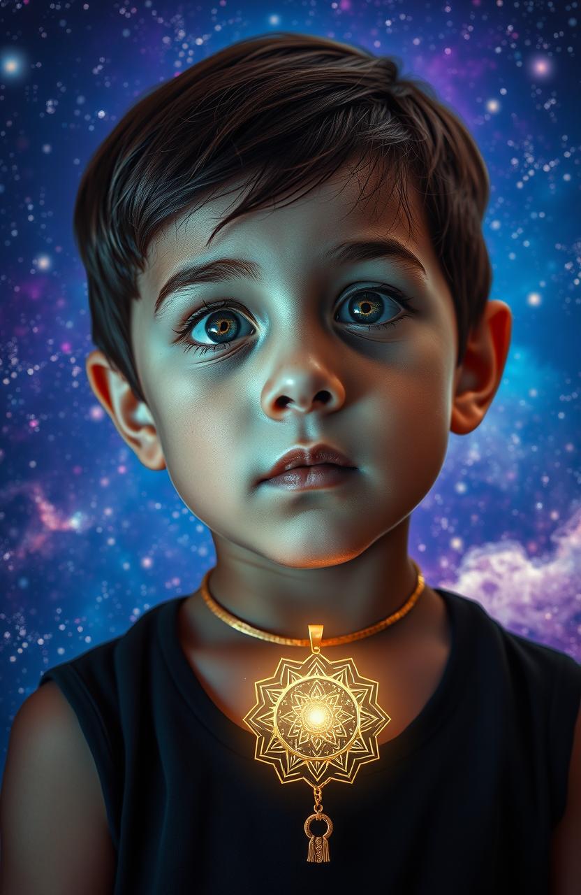 A portrait of a young boy with striking dark eyes, gazing thoughtfully at the viewer