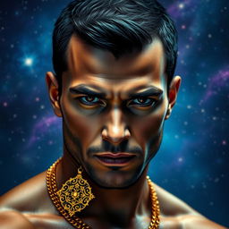 A captivating portrait of a man with intense dark eyes, looking confidently at the viewer