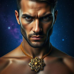A captivating portrait of a man with intense dark eyes, looking confidently at the viewer