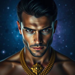 A captivating portrait of a man with intense dark eyes, looking confidently at the viewer