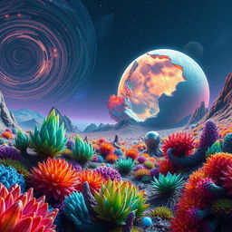 A surreal and imaginative scene titled 'Risómico: Determinación de Duelo', showcasing a colorful and otherworldly landscape on a distant planet