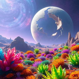 A surreal and imaginative scene titled 'Risómico: Determinación de Duelo', showcasing a colorful and otherworldly landscape on a distant planet
