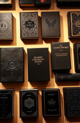 A collection of elegantly designed black book covers featuring various artistic styles
