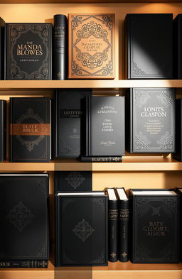 A collection of elegantly designed black book covers featuring various artistic styles