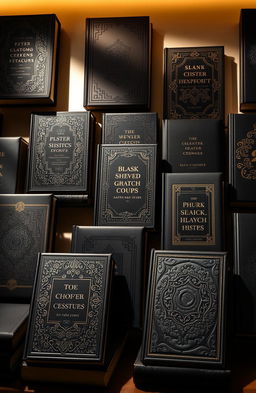 A collection of elegantly designed black book covers featuring various artistic styles