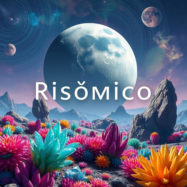 A surreal and imaginative scene titled 'Risómico: Determinación de Duelo', showcasing a colorful and otherworldly landscape on a distant planet