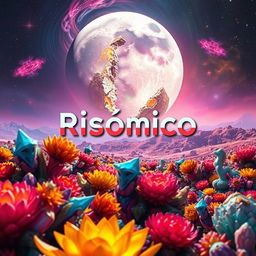 A surreal and imaginative scene titled 'Risómico: Determinación de Duelo', showcasing a colorful and otherworldly landscape on a distant planet