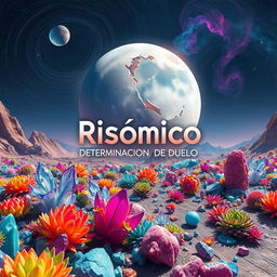 A surreal and imaginative scene titled 'Risómico: Determinación de Duelo', showcasing a colorful and otherworldly landscape on a distant planet