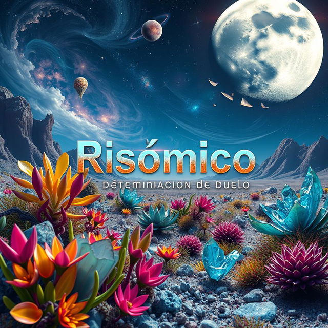 A surreal and imaginative scene titled 'Risómico: Determinación de Duelo', depicting a vibrant and otherworldly landscape on a distant planet