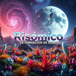 A surreal and imaginative scene titled 'Risómico: Determinación de Duelo', depicting a vibrant and otherworldly landscape on a distant planet