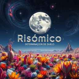 A surreal and imaginative scene titled 'Risómico: Determinación de Duelo', depicting a vibrant and otherworldly landscape on a distant planet