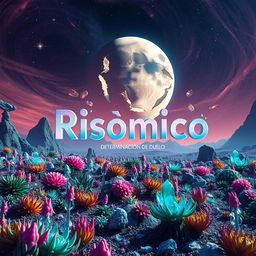 A surreal and imaginative scene titled 'Risómico: Determinación de Duelo', depicting a vibrant and otherworldly landscape on a distant planet