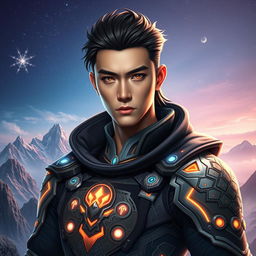 A striking portrait of Galand Hiu, a fictional character inspired by a blend of traditional and futuristic styles