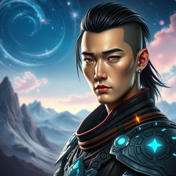 A striking portrait of Galand Hiu, a fictional character inspired by a blend of traditional and futuristic styles