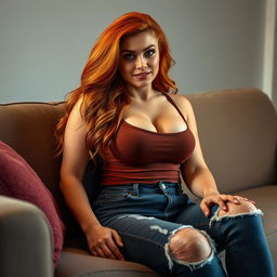 A stunning flame red-haired girlfriend with a curvy hourglass shape sitting on a couch, wearing tight ripped jeans and a fitted tank top that accentuates her large cleavage