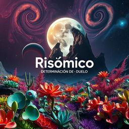 A captivating and surreal scene titled 'Risómico: Determinación de Duelo', featuring a distant planet characterized by its unique environment
